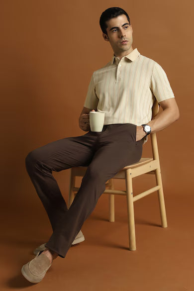 Men Beige Stripe Polo Neck T-shirt