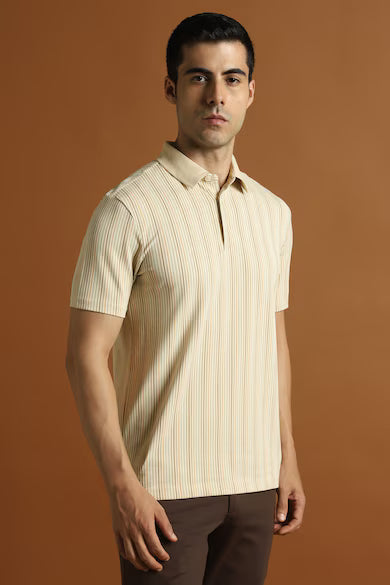 Men Beige Stripe Polo Neck T-shirt