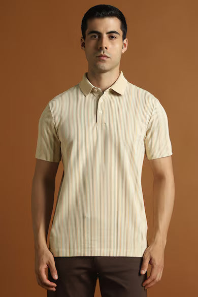 Men Beige Stripe Polo Neck T-shirt