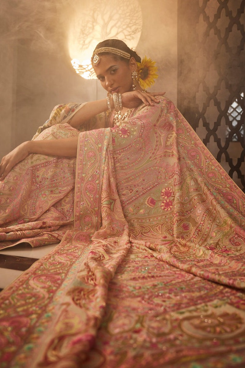 Baby pink resham embroidered sari