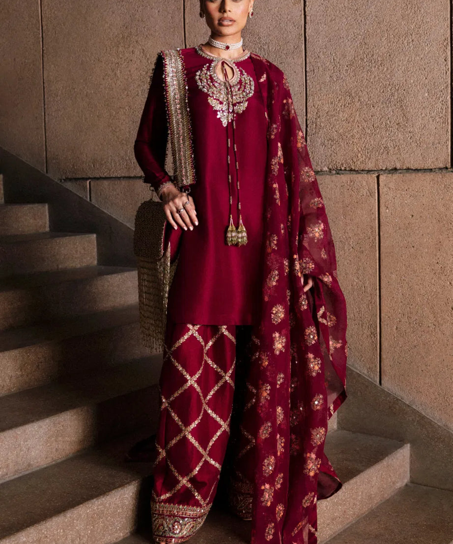 Burgundy bead embroidered kurta set