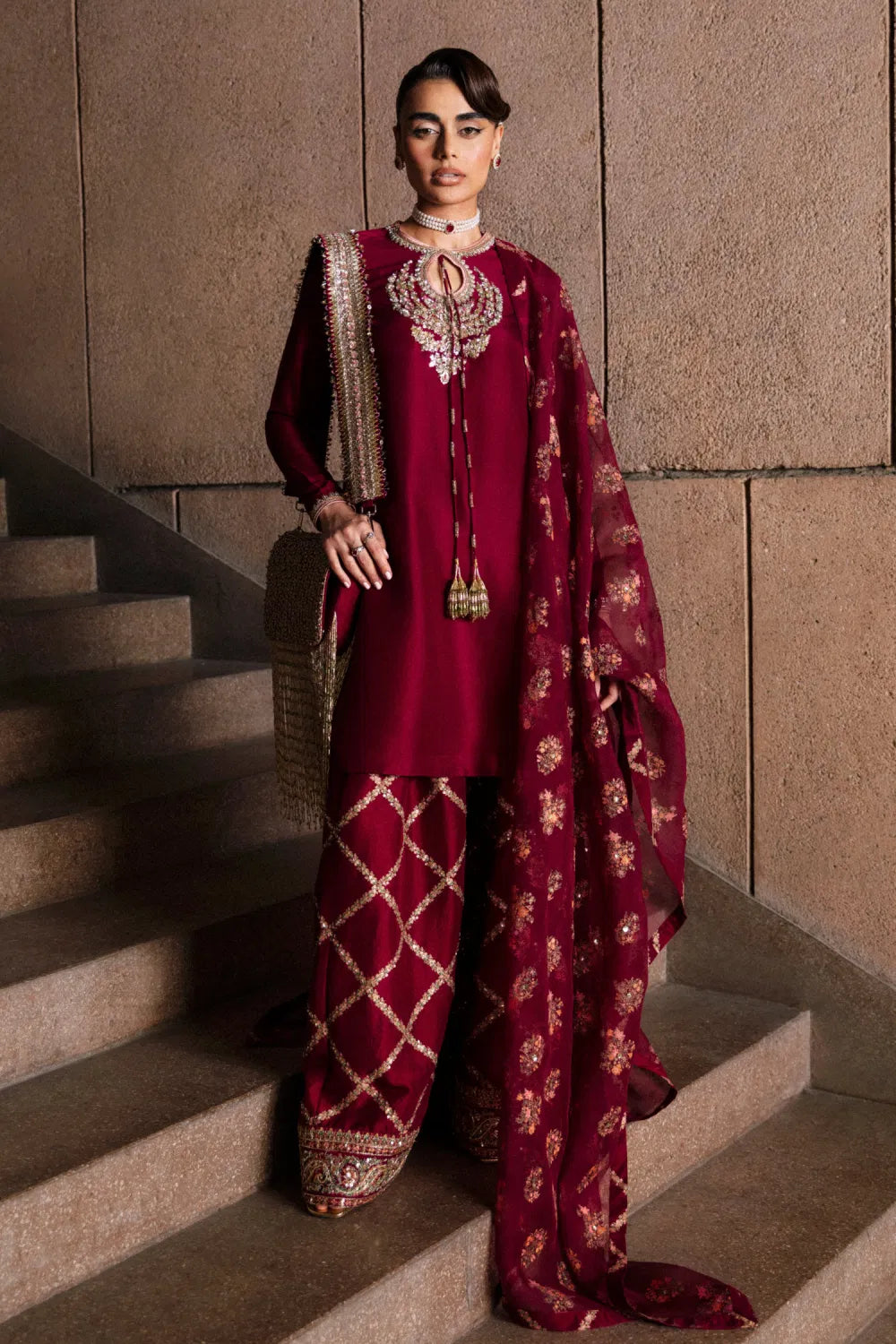 Burgundy bead embroidered kurta set