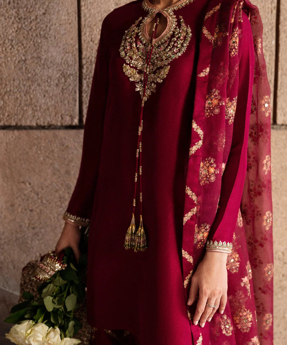 Burgundy bead embroidered kurta set