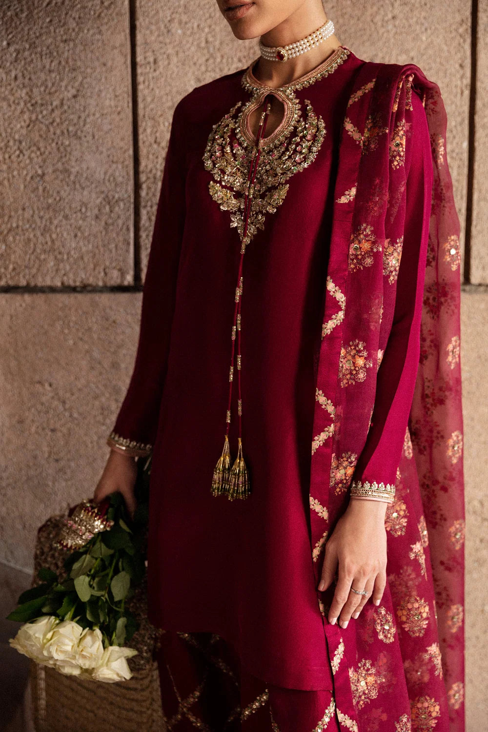 Burgundy bead embroidered kurta set