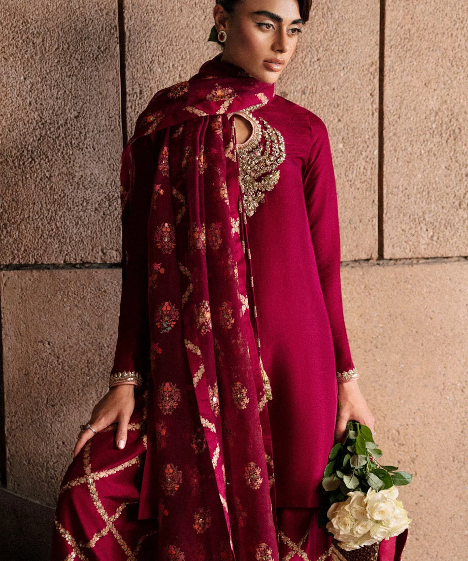 Burgundy bead embroidered kurta set