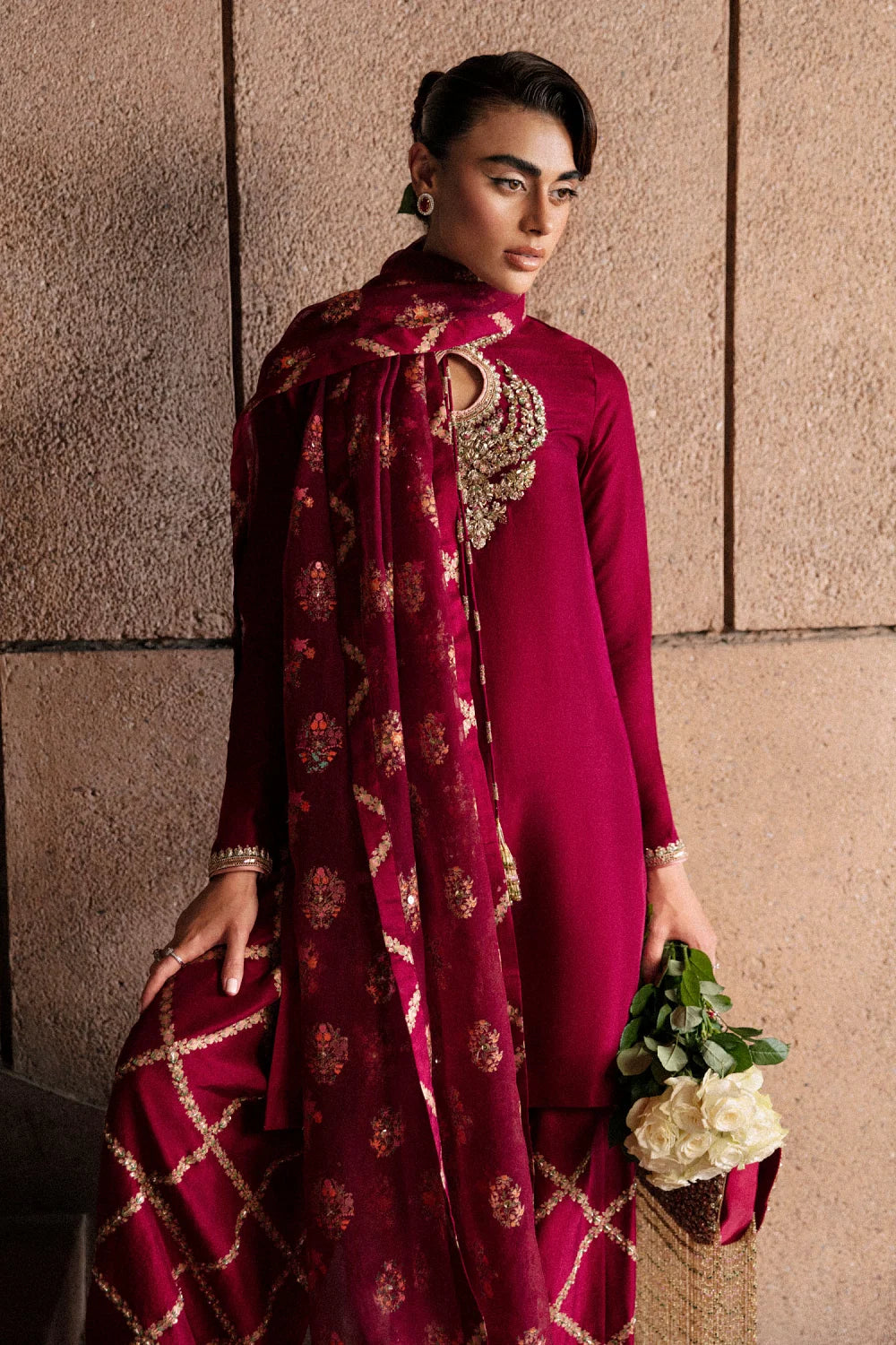 Burgundy bead embroidered kurta set