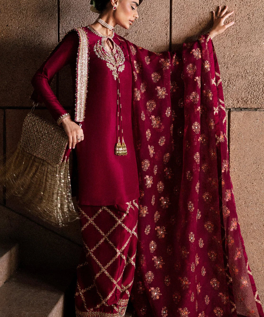 Burgundy bead embroidered kurta set
