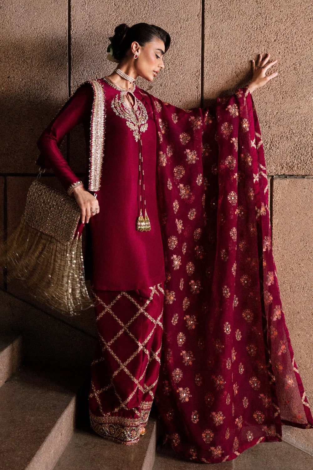 Burgundy bead embroidered kurta set