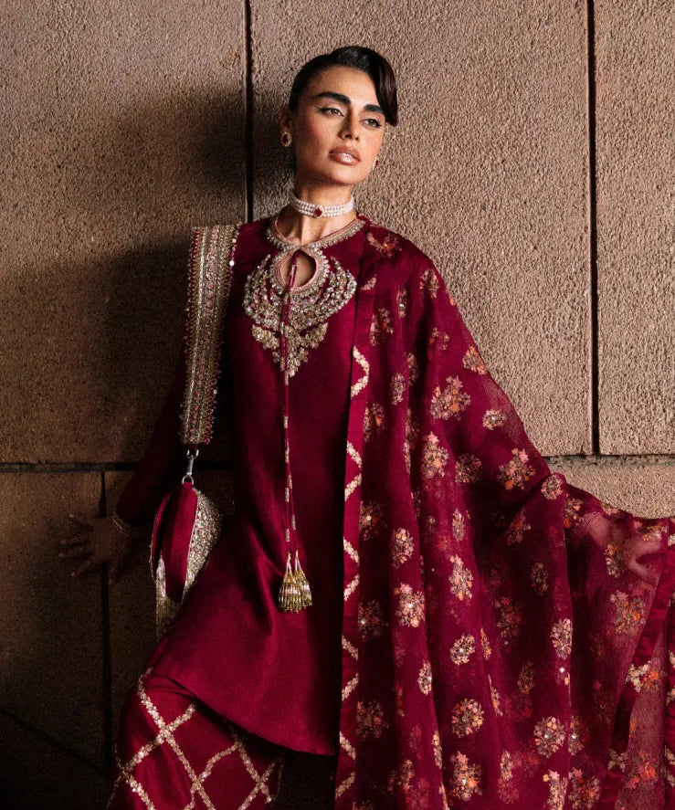 Burgundy bead embroidered kurta set
