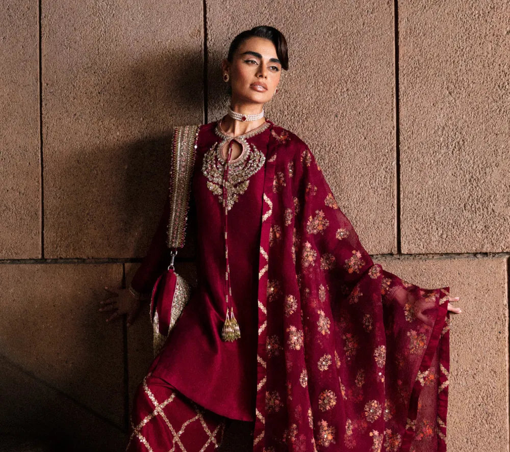 Burgundy bead embroidered kurta set
